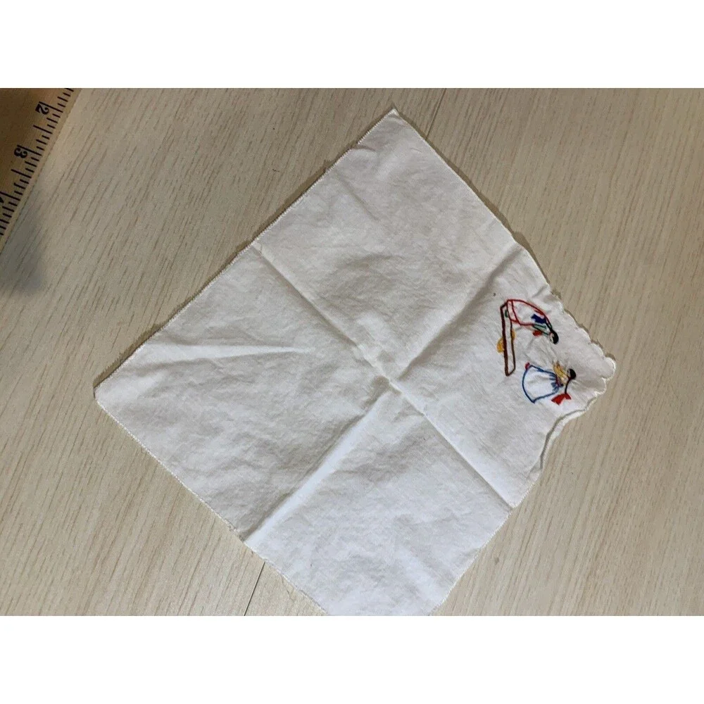 Vintage 2 Square Hankies, Hanky, Embroidered 2 Girls playing on one corner 8.5